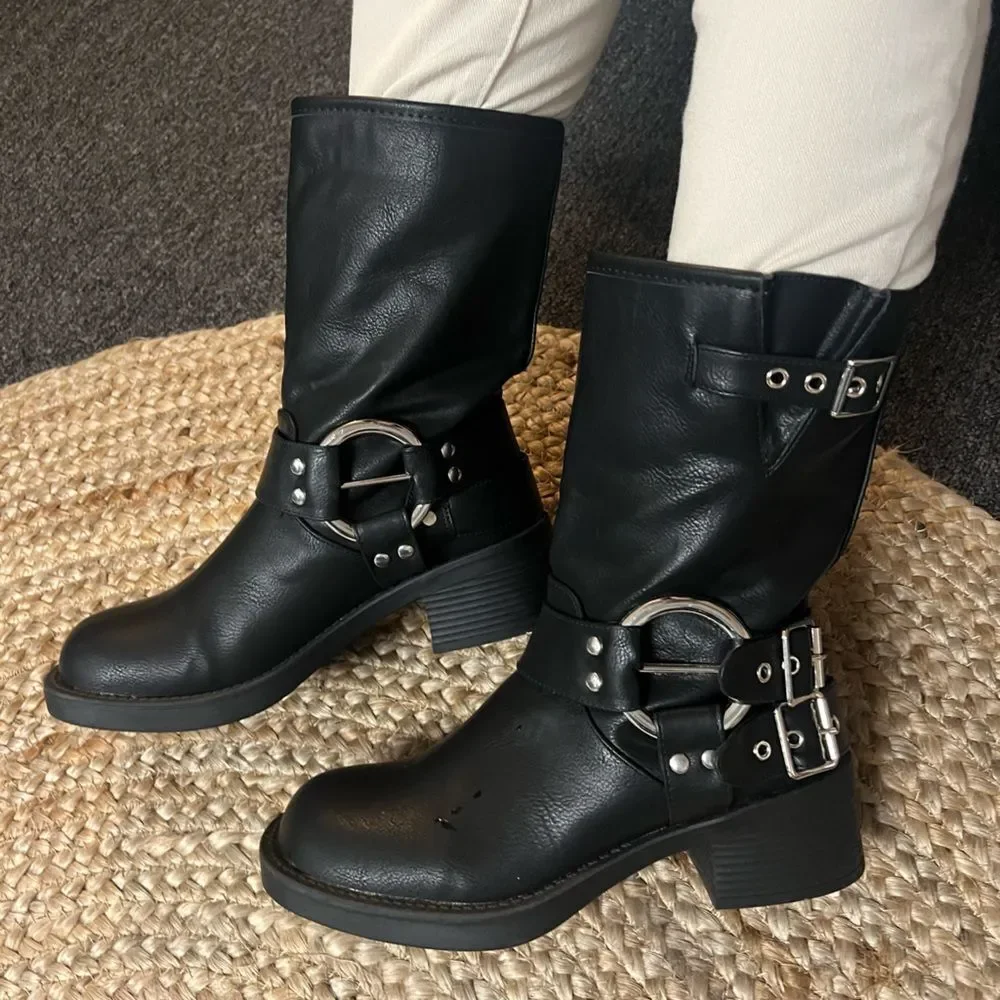 BLACK MOTO COMBAT BIKER BUCKLE BOOTIES